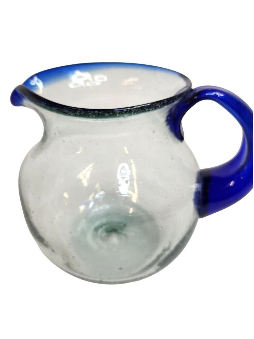 Artisan Handblown Glass Pitcher with Cobalt Blue Handle and Rim - Picture 2 of 10